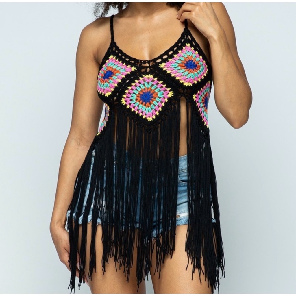 Hera Collection Crochet Granny Square Fringe Top Nwt!